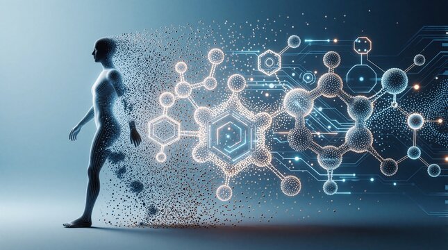 Human silhouette emits particles into galactic symbols, representing technology, innovation, creativity, evolution, progress. Digital abstraction, modern design, business, future concept.