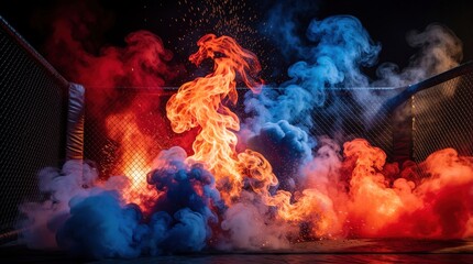 Fototapeta premium Fiery flames erupt within a fighting cage surrounded by red and blue smoke. Sparks fly upward creating an intense, dramatic atmosphere for a combat sports event or action scene.