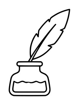 Hand traced vector icon illustration of a classic inkwell with a quill feather pen dipped inside, depicting traditional writing and communication in a clean minimalist outline style