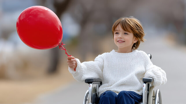 Smiling child in a wheelchair holding a red balloon outdoors for inclusive play, pediatric mobility stories, nonprofit fundraising pages, community access guides and family wellness resources