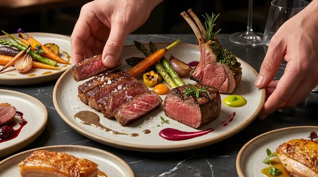 Chef plating gourmet sliced beef steak and lamb chops with vegetables.