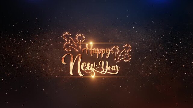 Luxury golden New Year lettering shines inside a luminous particle field with festive spark icons and cinematic light. Perfect for holiday wishes, digital posts, event screens and seasonal promotions.