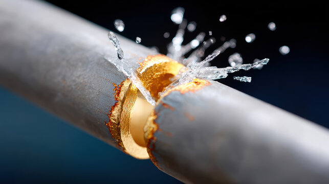 Leaking fractured pipe with water splash and corroded edges for plumbing emergency background and repair notice banner
