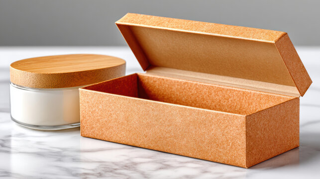 Rectangular kraft box mockup with hinged lid beside cosmetic jar for skincare packaging presentation on marble for product branding and minimalist beauty display photography