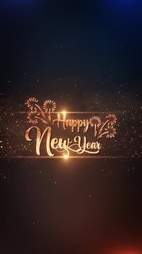 Happy New Year gold script glows amid starry particles, decorative fireworks and warm lens flares on a black background. Perfect for elegant greetings, countdown openers, party invitations and events.