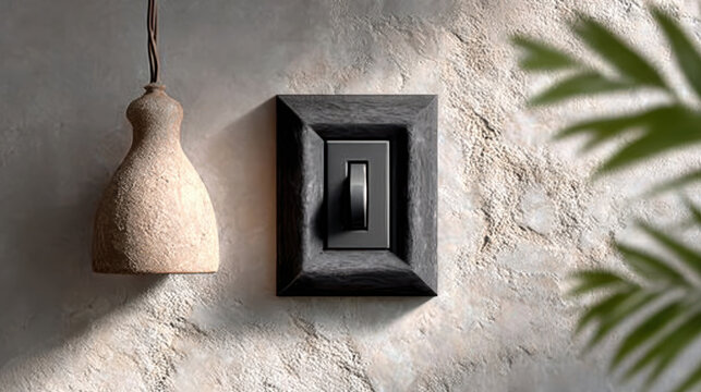 Toggle switch in framed dark plate mounted on textured plaster wall beside hanging ceramic pendant lamp with soft shadow and nearby plant silhouette