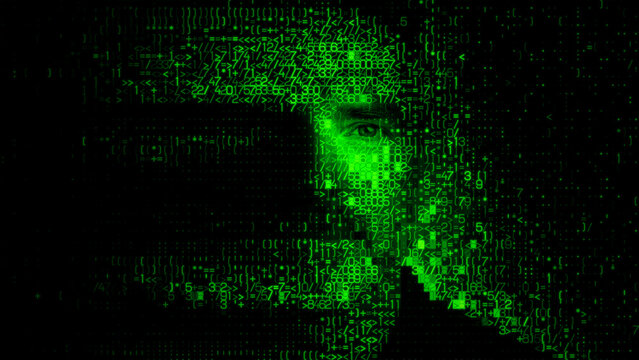 Digital Face made of Encrypted Code, symbolising Dark Web Data Leak Concept.