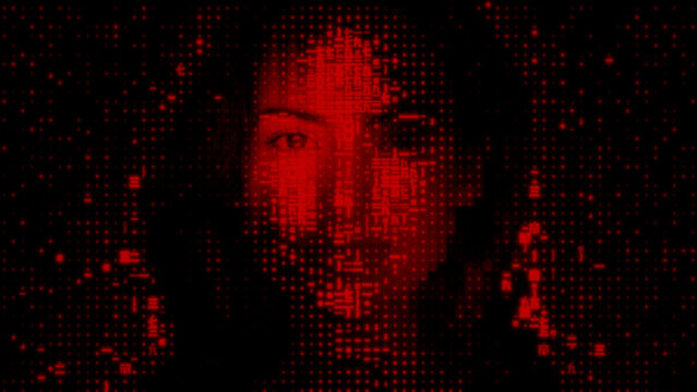 Woman's Face formed from Encrypted Data. Identity Theft Concept.