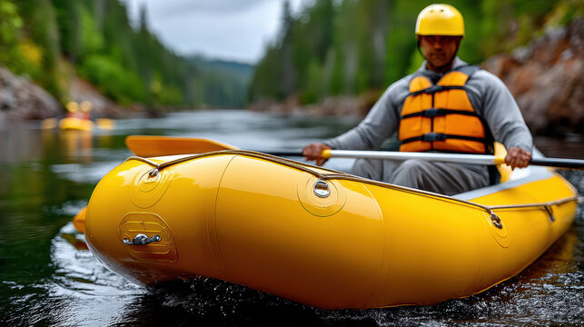 Man paddling a yellow inflatable raft on a calm river for adventure banner and outdoor activity background