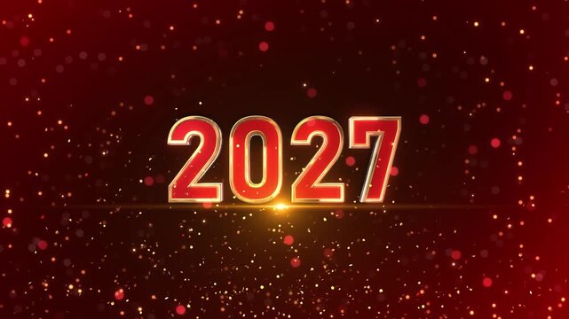Luxury 2027 numbers shine in vibrant red and gold among falling glitter, sparkling particles and rich burgundy light. Perfect for holiday cards, midnight celebrations, digital screens and advertising.