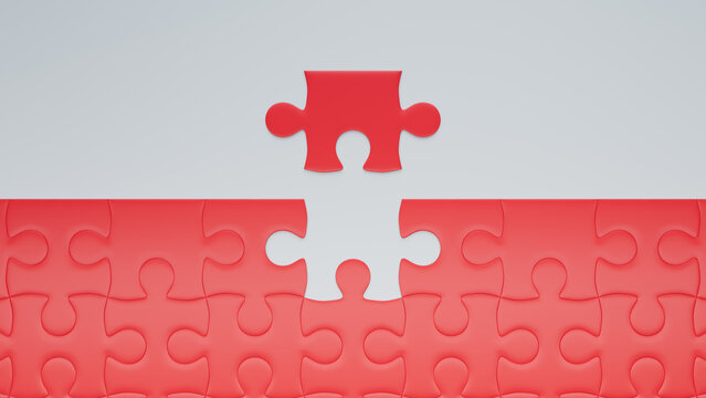 Red and White Jigsaw Puzzle texture Backdrop with final piece moving into place. Success Concept.