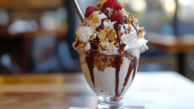 Ice cream sundae with whipped cream, raspberries, and chocolate syrup is served in a glass bowl on a wooden table in a cafe.