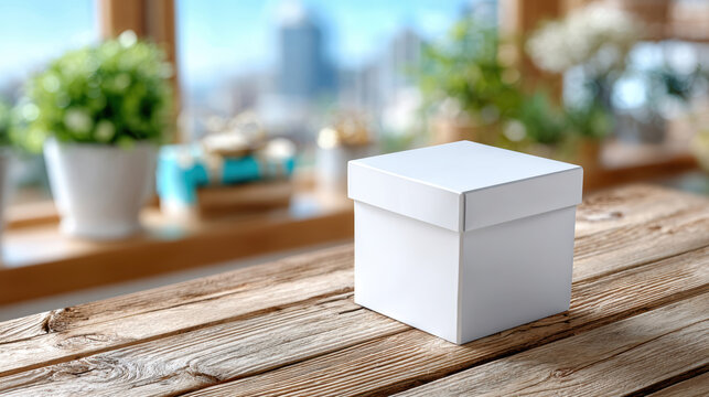 Minimal white square box on rustic wooden table for packaging mockup, small product presentation, subscription box staging, branding photography and e-commerce listing