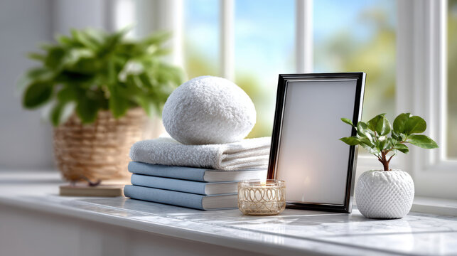 Spa bathroom shelf staging with blank frame mockup, folded towels, potted plant, candle and natural textures for wellness branding, spa marketing and home bathroom styling