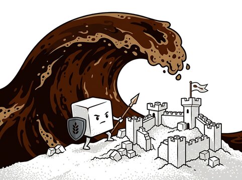 Cartoon knight protecting sand castle from brown wave, defender character with shield, medieval castle illustration, concept of security, isolation on white, digital art style