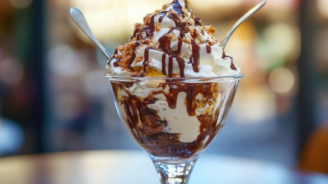 Chocolate sundae topped with whipped cream, nuts, and chocolate drizzle is served with two metal spoons in a glass bowl.
