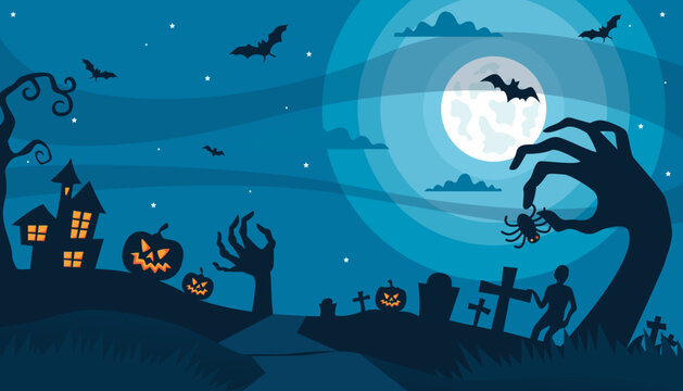 Spooky halloween night scene with bats haunted house pumpkin and graveyard illustration