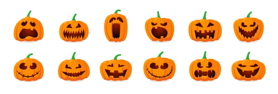 Collection of ten colorful jack o lanterns with various carved faces vector illustration