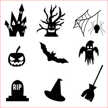 Black halloween silhouettes of haunted house trees pumpkins and other spooky elements on white background