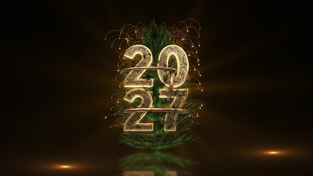 Ornate golden 2027 digits wrap around an evergreen Christmas tree as curved light trails and tiny sparks glow on black. Perfect for holiday greetings, winter openers, festive invitations and displays.