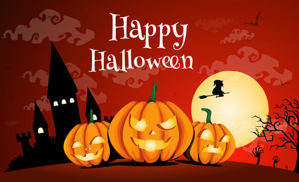 Happy Halloween illustration with jackolanterns a haunted house and a witch on a broomstick