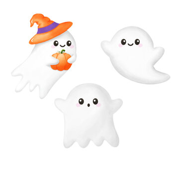 Cute ghosts and pumpkin watercolor illustration for halloween with a white background
