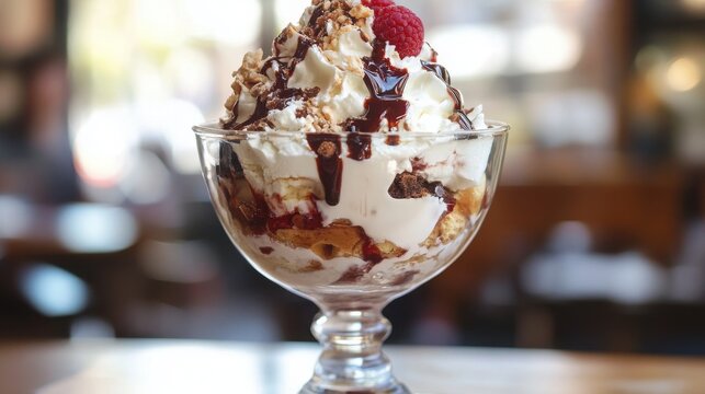 Ice cream sundae with towering whipped cream, chocolate drizzle, and crushed nuts is served in a classic glass goblet.