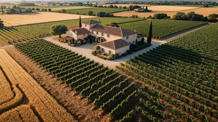 Naklejka premium Aerial view of luxury vineyard estate in French countryside. Large stone villa surrounded by green grape rows, golden wheat fields. Scenic landscape with traditional architecture, agriculture land