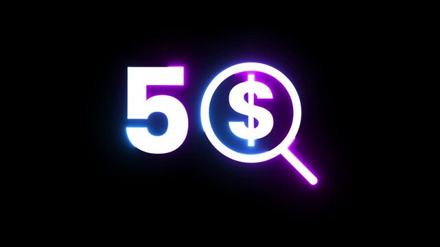 Glowing neon sign featuring number five and dollar currency symbol for online marketing
