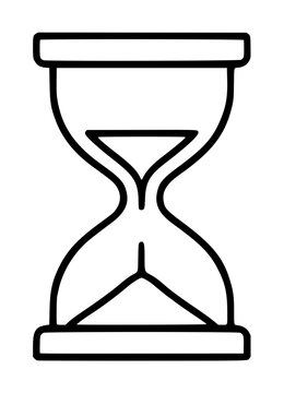 Hand-traced black outline hourglass vector icon illustration with falling sand symbol on a plain white background depicting time passing and patience concept in minimalist line art style