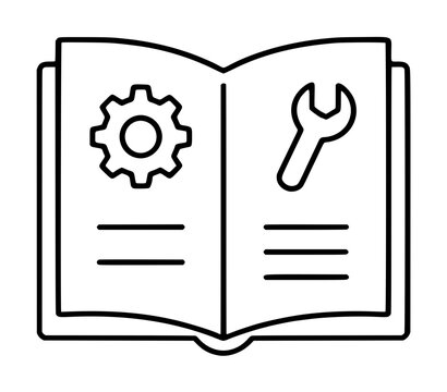 Hand-traced black outline vector illustration of an open instruction booklet with a mechanical cogwheel on the left page and a wrench tool on the right page above horizontal text lines, symbolizing