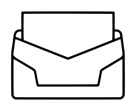 Minimalist black line vector illustration icon of an open interoffice envelope with a blank letter inside, depicting mail correspondence, office communication, and postal messaging in a clean outline