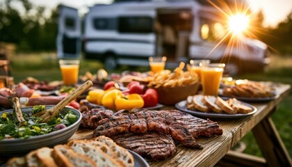 Obraz premium Wooden picnic table laden with grilled steak, salad, bread and orange juice during golden hour camping trip
