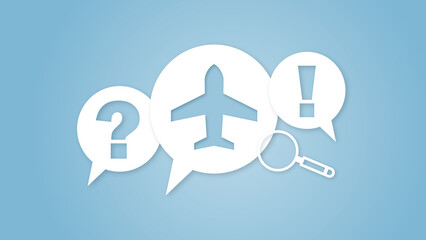 A conceptual travel illustration on blue background with speech bubbles, airplane icon, question mark, exclamation mark, and magnifying glass for flight assistance and support.