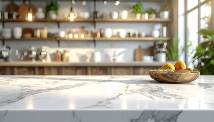 Fototapeta premium An empty marble counter set against a blurred background of shelves in a kitchenware store.