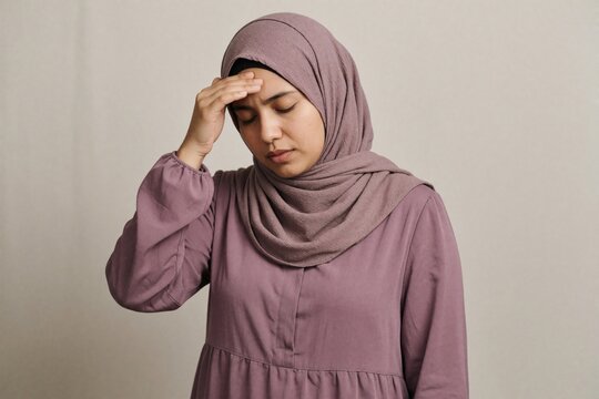Woman in mauve outfit presses hand against forehead, signifying exhaustion or headache in a neutral backdrop setting, exhibiting relatable stress or fatigue portrayal.
