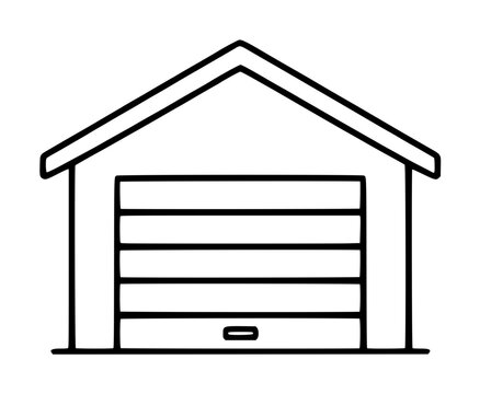 Hand-drawn black and white vector illustration of a garage with a slatted roll-up door, pitched roof, and small handle, isolated on white background for architectural and design use