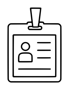 Black line vector illustration of an identification badge with lanyard clip and personal profile portrait, minimalist outline style for graphic resources and design projects
