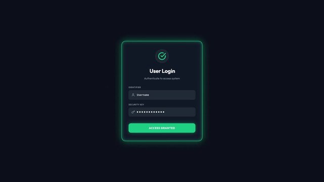 Futuristic digital user login interface with glowing green indicators for successful system access