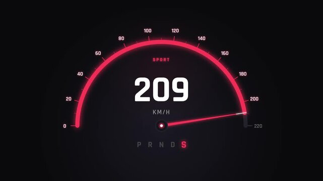 Sleek digital car speedometer glowing with 220 km/h in exhilarating sport driving mode