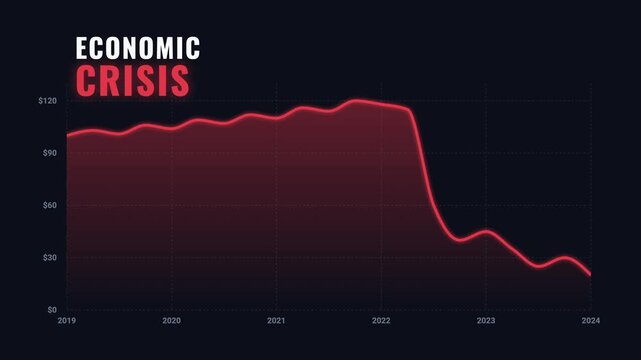 Conceptual illustration of an economic crisis, depicted by a stark red line graph showing financial downturn