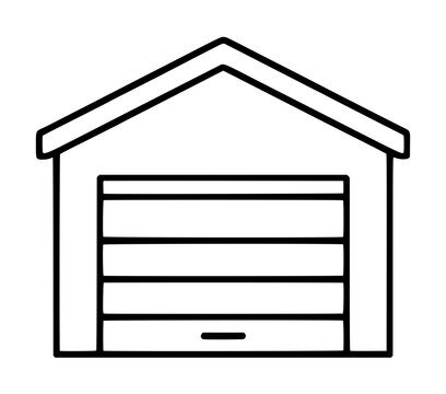 Hand-traced vector icon illustration of a simple garage building with a classic paneled roll-up door, minimalist black outline design on white background, perfect for real estate and architecture