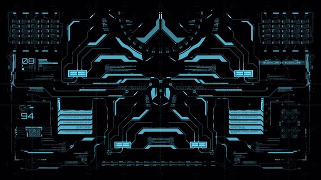 Futuristic HUD interface overlay with digital circuit board design and data monitoring elements.
