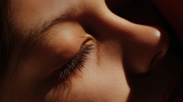 Close-up view of a person sleeping peacefully under soft light in the afternoon