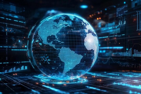 Rotating 3D globe in digital interface showcasing real-time data and global information