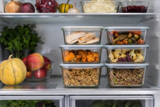 Organized glass containers of holiday leftovers inside a clean refrigerator, ideal for Thanksgiving meal planning and food waste reduction