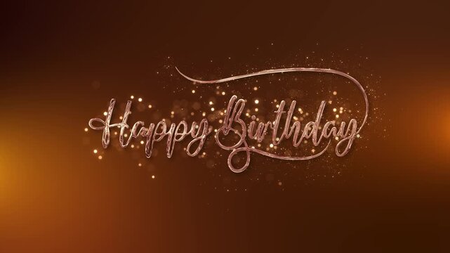 Elegant Happy Birthday script shines in bright metallic rose gold as sparkling particles and soft lights fill a warm background. Perfect for luxury cards, event screens, social posts and party promos.