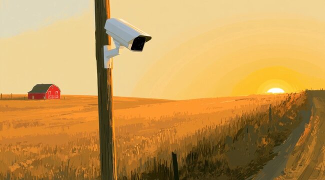 Security camera on a wooden pole overlooking a rural farm at sunset