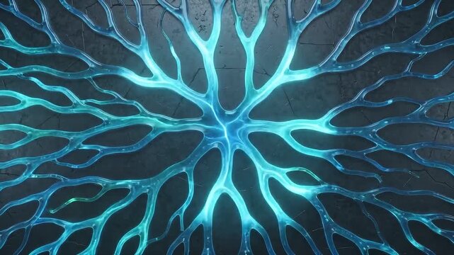 Bioluminescent neural network animation, glowing blue energy pulses in organic fractal branches, futuristic digital brain synapses