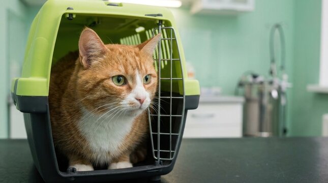 Ginger cat in a carrier at the veterinary clinic.